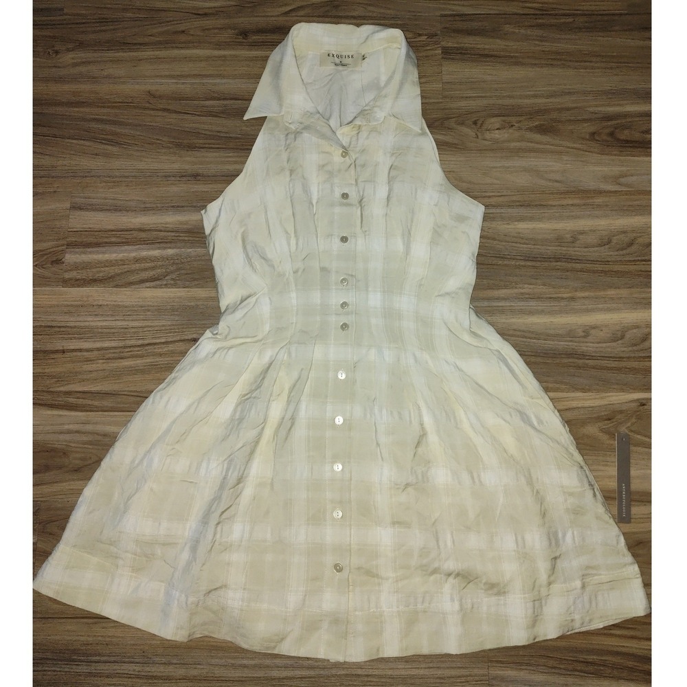 Exquise Anthropologie Cream Plaid Halter Button Down Shirt Dress NWT Medium